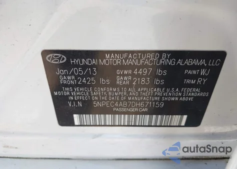 2013 Hyundai Sonata Limited 2.0T z USA, uszkodzony, nr VIN 5NPEC4AB7DH671159